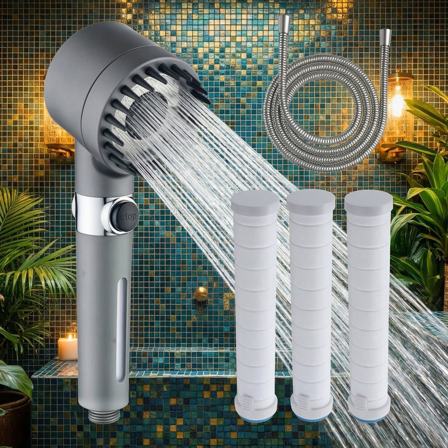 High Pressure 3-Mode Filter Shower Head with Massage Brush